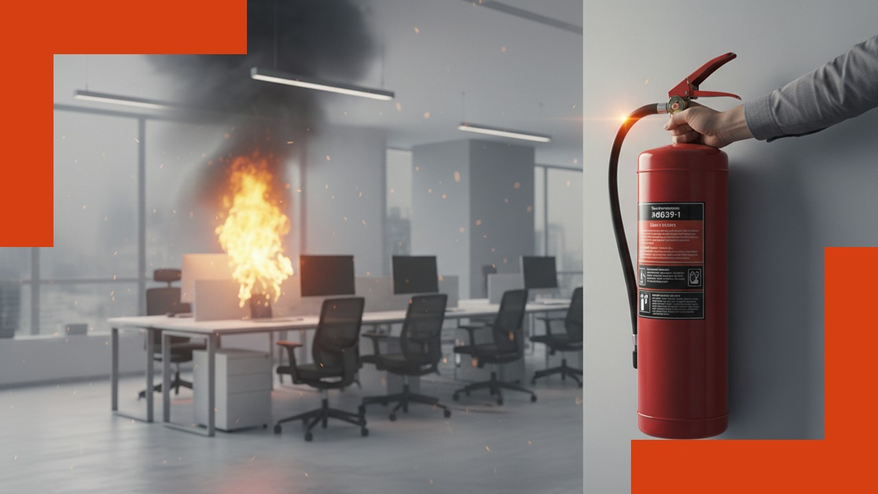 Hand greift nach Feuerlöscher, im Hintergrund brennt es